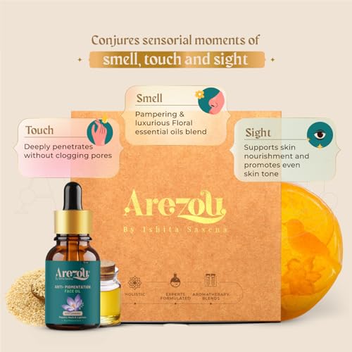 Image of Arezou Brightening Face Oil & Face Cleanser Combo - Natural Anti Pigmentation Facial Serum with Sesame & Lavender Oil for Dark Spots, Uneven Skin Tone & Hyperpigmentation | Lightweight & Fast Absorbing Formula for Dry, Mature, and Sensitive Skin | For Men & Women (15ml Oil + 50gmSoap)