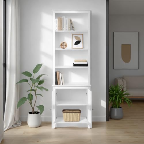 Image of Prepac Sonoma Tall 6-Tier Bookcase 80 inchH with Doors & 2 Adjustable Shelves, White Storage Cabinet, Modern Display Cabinet, Bookshelf with Storage Shelves for Home Office, Living Room, Bedroom