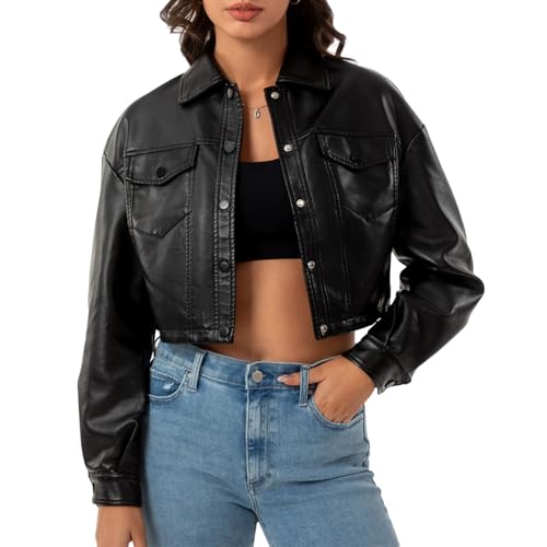 Women Faux Leather Cropped Jacket Bomber Casual Button Coat PU Moto Bike Outwear with Pockets