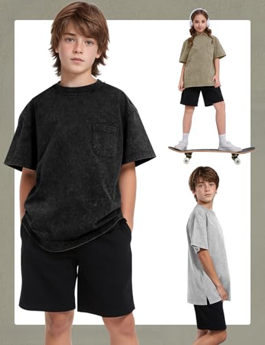 Image of COZYPOIN Unisex Kids Vintage Acid Wash Cotton Tees Crew Neck 3-16Y | 100% Cotton Boys Oversized T Shirt, Crew Neck, Short Sleeve, Front Pocket, Vintage Acid Washed Kids Tees for Boys Girls
