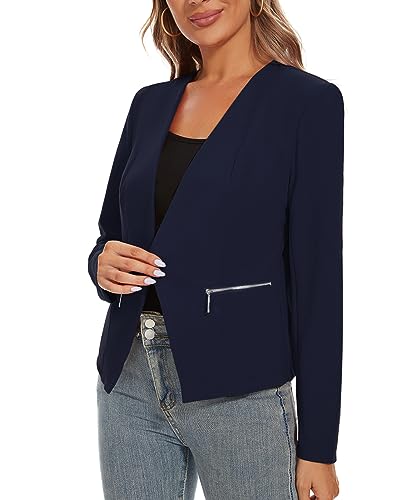 MINTLIMIT Blazers for Women Business Casual Cropped Blazer Open Front Collarless Cardigan Jacket with Zipper Pockets3