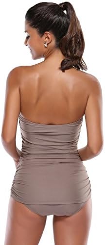 Kathlena 50s Strapless Retro Inspired Vintage Ruched One Piece Swimsuit(FBA) S(US 2-4) Khaki