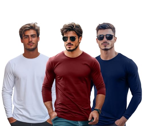 Image of Veirdo Pure Cotton Round Neck Regular Fit Solid Full Sleeve T-Shirt Pack of 3 Combo for Men (Colors: Swanwhite, Green, Navy, Black, Cork, White & Maroon)