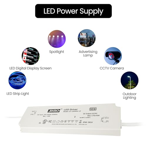 Image of Jinbo 90W 24V LED Driver, Power Supply, IP65 Waterproof, 3Years Warranty, Volts Transformer Adapter, Short Circuit Protection, Energy-Efficient & Reliable, LED Lights, Outdoor Light, UL Listed