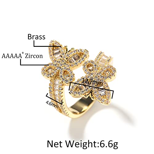 Iced Out Jewelry Diamond Butterfly Interlocking Adjustable Ring, Hip Hop Bling 5A Cz Stones Shiny Baguette Engagement Gold Luxury Party Pinky Ring For Woman (Gold, One Size) #TOP1