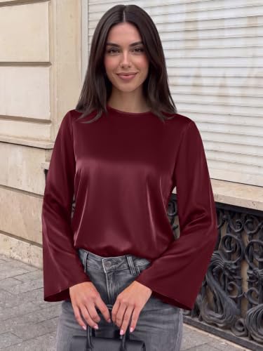 ANRABESS Womens Satin Bell Sleeve Boat Neck Blouse Shirts,Wine Red,M - image 2