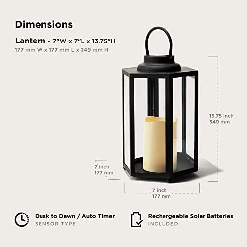 Large Outdoor Lantern For Patio - 14 Inch, Black Metal & Glass, Waterproof Pillar Candle, Dusk To Dawn Timer - Solar Powered Battery Included #TOP5