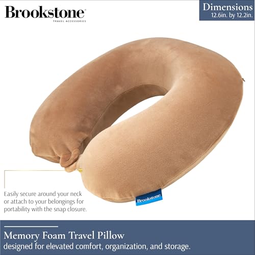 Image of Brookstone Travel Neck Pillow - Lightweight U-Shaped Memory Foam Travel Pillow for Airplane, Car Travels & Sleeping, Khaki