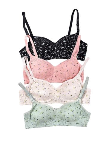 OYOANGLE Girl's Floral Print Training Bra 4 Pack Textured Spaghetti Strap Soft Lightly Padded Bras