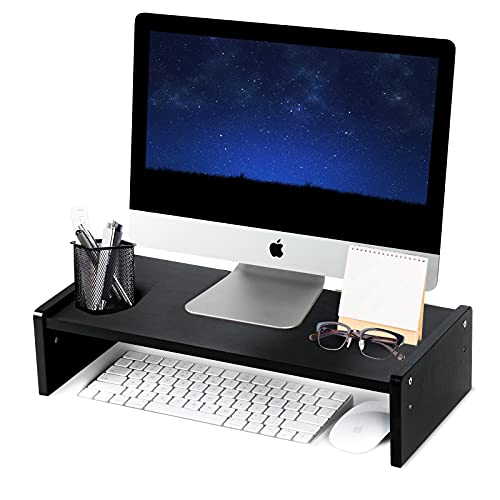 KINLINK Solid Wood Monitor Stand Riser, Monitor Riser with 2 Adjustable Height, 15.8 inch Computer Riser for Computer, iMac, PC, Printer, Computer Monitor Stand for Home & Office, Black