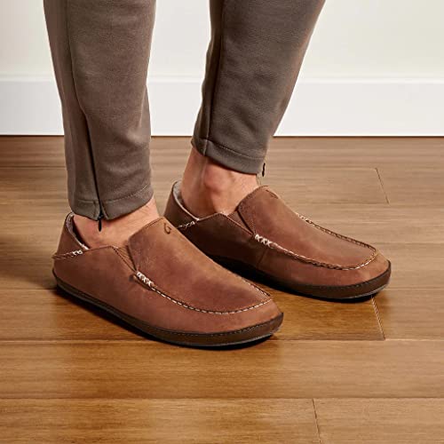 Olukai Moloa Slipper Men's Slippers, Premium Nubuck Leather Slip On Shoes, Shearling Lining & Gel Insert, Drop-In Heel Design, Toffee/Dk Wood, 10 #TOP4