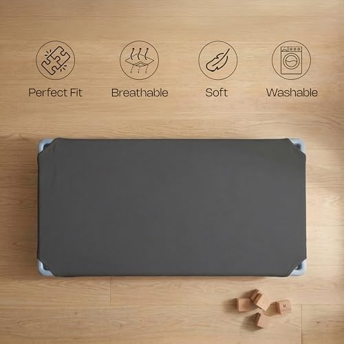 Image of Pack of 6 Cot Sheet for Daycare Preschool Cot Bed -Polyblend Fabric with Corner Elastic Cots Sheets Fits On 22 inch X 52 inch Inches Size Toddler and Preschool Daycare Cot Dark Grey 22 X 52 Size