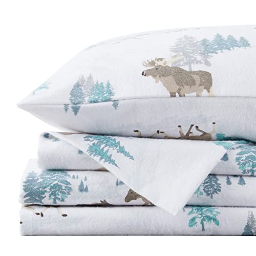 Market & Place 100% Turkish Cotton Flannel Sheet Set | 4 Piece Deep Pocket Novelty Cozy Winter Bed Sheets | Double Brushed For Extra Softness & Comfort | Alpine Collection (Queen, Moose) #TOP2