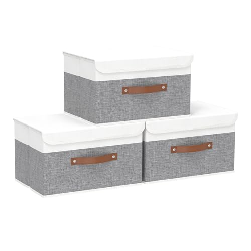 Yawinhe Collapsible Storage Bin, Cube Organizer Basket, Fabric Box with Lids, Washable and Leather Handle, for Home, Closet, White/Grey, 13.0''Lx9.0''Wx7.9''H, 3-Pack, SNK024WGS-3