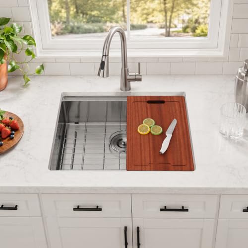 Image of 24 Inch Undermount Kitchen Sink, Workstation Single Bowl 24 x 19 Inch 16 Gauge Stainless Steel Under Counter Sink for Small Apartment Prep Kitchen, Laundry, Utility & RV with Cutting Board