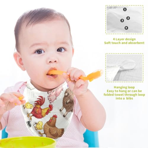 Image of Cow Pig Sheep Chick Burp Cloths for Boys Girls, 3 Pack Farmhouse Animals Muslin Washcloths, Newborn Face Bath Towel, Soft Absorbent Cotton Wash Cloth, Baby Registry, 12 x 12 Inch