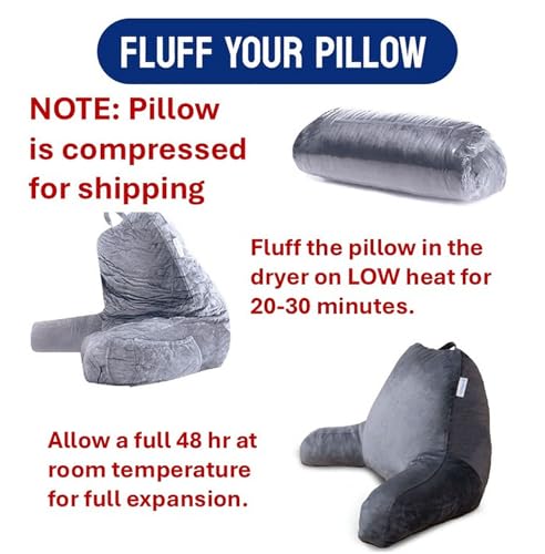 ComfortSpa Reading Pillow for Kids Teens Adult, Back Rest Pillow with Arms, Pockets, Washable Cover; Use as a Back Pillow for Bed Sitting Up for Bedrest or Relief from GERD Heartburn (Standard Grey)