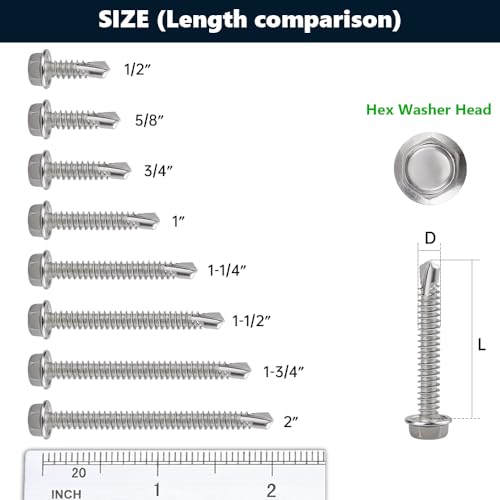 #8 x 5/8\" (100 Pack) Hex Washer Head Self Drilling Screws (1/2\" to 2\" Available), 410 Stainless Steel Self Tapping Sheet Metal Screws, No Pre-drilled Needs - Thumbnail 6