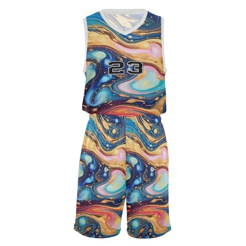 FLildon Marble Colorful Rainbow Boys Basketball Jersey Set Tank Top Shorts Tracksuit Sport Training Suit for Kids, S