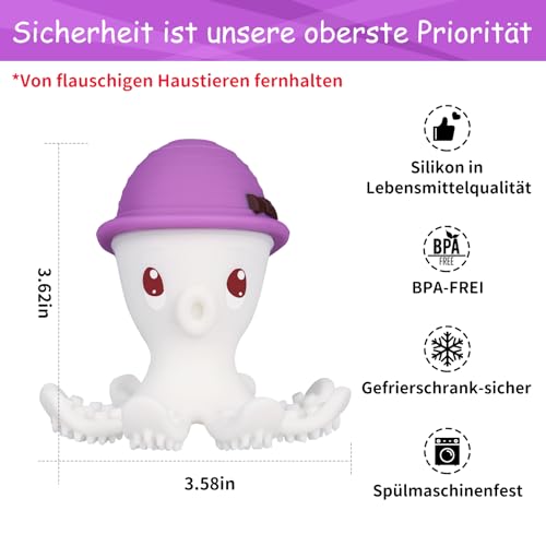 Baby Beißspielzeug für Babys 6-18 Monate, Mombella Octopus Beißring, weiches Silikon Kauspielzeug für 9 Monate altes Kind, um wundes Zahnfleisch zu melden, tolles Baby Geschenk, lila