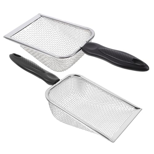 GLSTOY 2pcs Stainless Steel Beach Mesh Shovel Set for Pets and Food, Metal Sand Filter Tool 2.8x2.8cm Fine Mesh for Sand, Shells, and Litter Cleaning, Multi-use Shovel for Beach and Kitchen