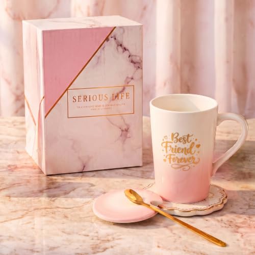 Image of ZAICUS Best Friend Forever Coffee Mug with Lid & Spoon, Ceramic Cup | Perfect Birthday & Friendship Gift | Ideal for Coffee, Tea & Daily Use | White & Pink Gradient Design