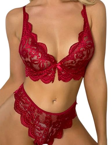 Soutien-Gorge Dentelle and Culotte Sexy Femme Ensemble 2 Pièces Col V Profond avec Dentelle Florale et Nœud Papillon Lingerie Séduisante Nuit Romantique...