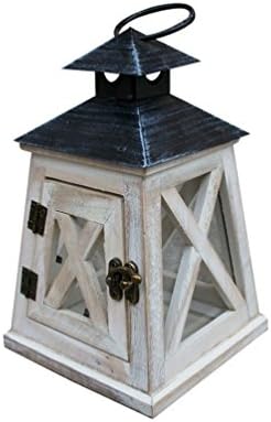 TentHome Rustic Wood Lantern Candle Tea Light Holder Candelabra Decoration with Metal Roof, Handle Candle Lantern for Garden Party Dinning Table Fireplace Camping (Rustic white, 20x12.5x12.5CM)