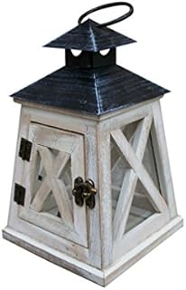 TentHome Rustic Wood Lantern Candle Tea Light Holder Candelabra Decoration with Metal Roof, Handle Candle Lantern for Garden Party Dinning Table Fireplace Camping (Rustic white, 20x12.5x12.5CM)