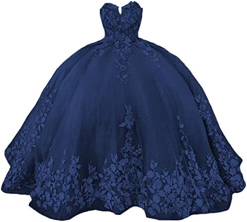 PFTFB Navy Blue Quinceanera Dresses Ball Gown with Train Sweetheart Tulle Prom Graduation Gowns Floral Lace Beaded Sweet 16 Dress for Teen Girls Size 8