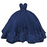 PFTFB Navy Blue Quinceanera Dresses Ball Gown with Train Sweetheart Tulle Prom Graduation Gowns Flor