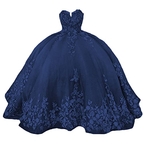 Pftfb Navy Blue Quinceanera Dresses Ball Gown With Train Sweetheart Tulle Prom Graduation Gowns Floral Lace Beaded Sweet 16 Dress For Teen Girls Size 8 #TOP1