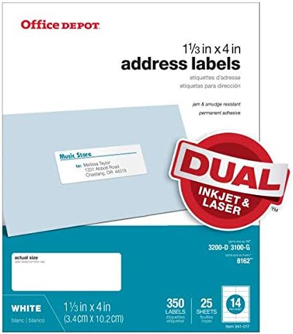 Office DepotWhite Inkjet/Laser Address Labels, 1 1/3in. x 4in, Pack of 350, 505-O004-0018