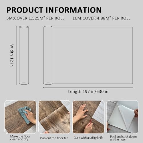 Lareko 52 Sq.Ft Peel and Stick Floor Tile – 630" Length 12" Width Roll - Dark Brown Self-Adhesive Vinyl Flooring Waterproof, Wide Wood Plank for Easy Installation, Bedroom, Kitchen by Lareko - Image 3
