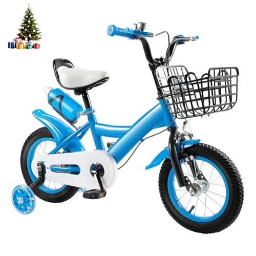 Huommgs Kinderfahrrad 12 Zoll Upgraded Jugend Fahrrad FüR Ab 2-4 Jahre Kinder Fahrrad Mit StüTzräDern Und Korb HöHenverstellba Kinderfahrrad FüR 80-95Cm Jungen & MäDchen (Blau)-image