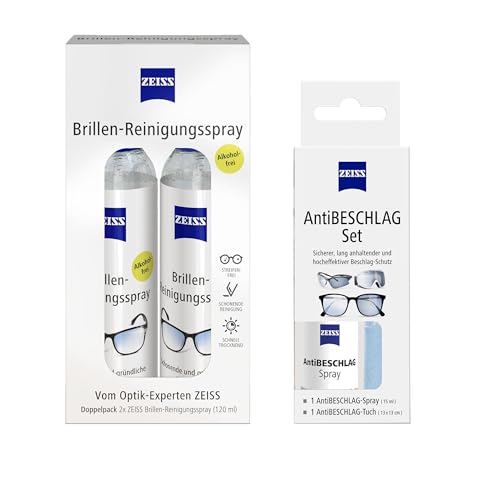 ZEISS Set aus 1x Brillen-Reinigungs-Spray alkoholfrei Doppelpack 2x 120ml und 1x ZEISS AntiBeschlag-Spray mit 15ml Inhalt