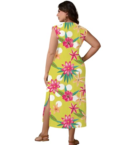 Image of UOUA Women Summer Maxi Dresses Plus Size Casual Hawaiian Sundress Sleeveless Loose Split Beach Dress with Pockets