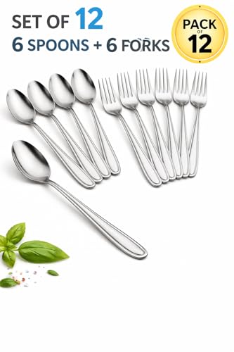 Image of Stainless Steel Table Spoons 16 cm | Mirror Finish | Rust-Resistant | Lightweight Daily Use Dinner Spoons | Dishwasher Safe | Cutlery Set for Home & Kitchen | Catering | Resturants (12 (Spoon+Fork))