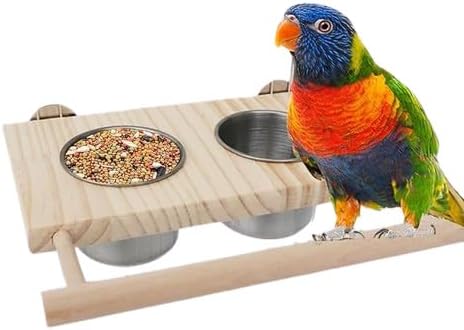 PETANGEL Bird Food & Water Stainless Steel Cups Wooden Perch Stand Hanging Feeder Bowls Feeding And Watering Supplies For Parakeets Conures Cockatiels Budgie Parrot,17 cm,H_17 cm,W_15 cm