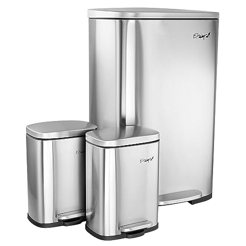 Elama Kitchen, Home and Office Versatile Step Trash/Recycling Bin with Slow Close Mechanism (3 Piece 13 Gallon + 2 x's 1.32 Gallons Silver)