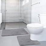 SOANNY Non-Slip Bath Mat Set of 2, Luxury Thick Microfiber Shaggy Bathroom Rugs, 50 X 80 CM Soft Plush Shower Mat & 50 X 50 Toilet Pedestal Carpet, Machine Washable, Absorbent, Grey