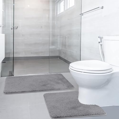 SOANNY 2 Piece Non-Slip Bath Mat Set, Luxury Thick Microfiber Shaggy Bathroom Rugs, 50 X 80 CM Soft Plush Shower Mat & 50 X 50 Toilet Pedestal Carpet, Machine Washable, Absorbent, Grey - Cosy Home Interiors SOANNY 2 Piece Non-Slip Bath Mat Set, Luxury Thick Microfiber Shaggy Bathroom Rugs, 50 X 80 CM Soft Plush Shower Mat & 50 X 50 Toilet Pedestal Carpet, Machine Washable, Absorbent, Grey