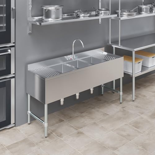Image of AmGood 60 in. x 19 in. Three Bowl Commercial Underbar Sink with Two Drainbaords, NSF Approved