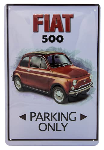 Cartello pubblicitario retrò per parcheggio – Fiat 500, un ricordo nostalgico, un classico dall'Italia, una leggenede, pubblicità retrò per amanti, collezionisti, intenditori, artigiani e avvitatori