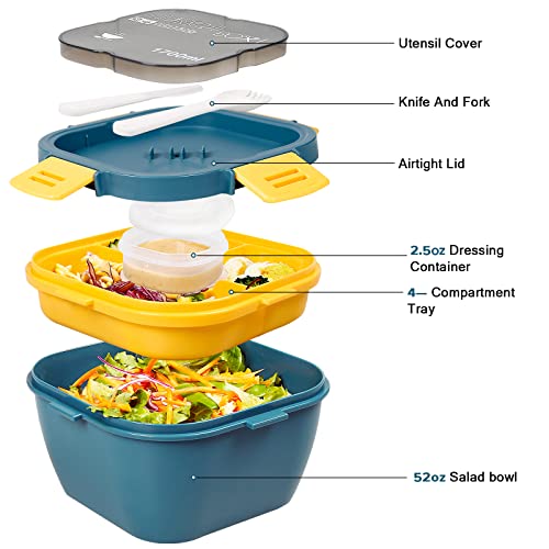 Foto von Sousnous Salatbehälter 1700 ml Bento Box mit 3 Fächer und Saucenbox,Auslaufsicher Lunchbox mit Gabel & Messer für Kinder & Erwachsene,Brotzeitbox,Spülmaschinen-und mikrowellenfest,Blau
