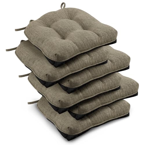 downluxe Indoor Chair Cushions for Dining Chairs, Tufted Overstuffed Textured Kitchen Chair Pads with Ties and Non-Slip Backing, 15.5" x 15.5" x 4", Khaki, 6 Pack