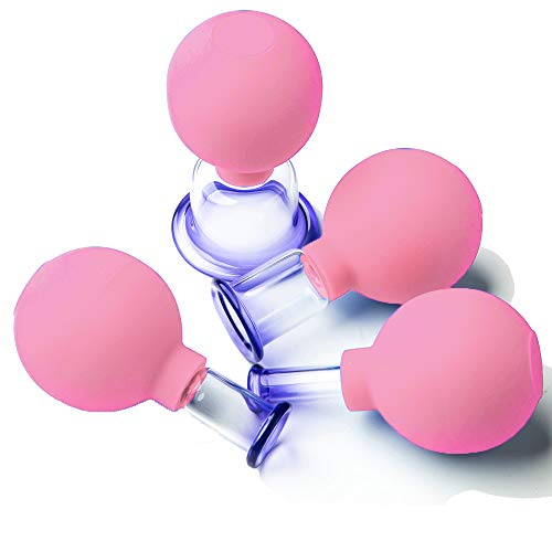 4 Pieces Glass Face Cupping Therapy Set-Silicone Vacuum Facial Massage Cups Anti Cellulite Lymphatic Sets for Eyes, Face and Body (Pink)