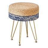 Wimarsbon Pouf Ottoman Handmade Natural Water Hyacinth Footrest with 4 Metal Legs Round Vanity Stool for Bedroom, Hallway, Living Room (Natural Water Hyacinth & Blue Corn Husk + Gold Legs)