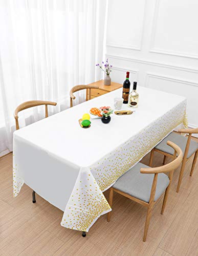 White And Gold Tablecloths For Party 4 Packs, 54X108 Inch Gold Dot Confetti Disposable Rectangular Plastic Table Cover For Bridal Shower Engagement Wedding Birthday Thanksgiving Christmas Bbq Party #TOP4