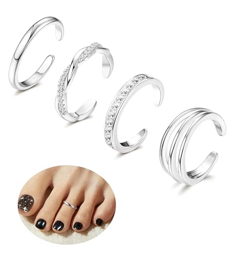 4PCS 14K Gold Plated Toe Rings, White Gold Plated Toe Rings for Women Hug CZ Triple Twist Simple Band Open Toe Rings Beach Foot Jewelry Adjustable